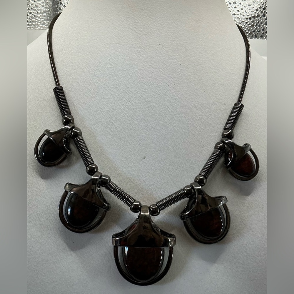 EVA GUNMETAL BROWN CABOCHON  STATEMENT NECKLACE HEAVYWEIGHT